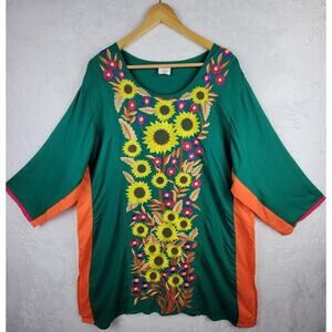 Moda Bohemian Midi Sheath Mumu Dress Sz L Whimsical Beachy Floral Embroidery